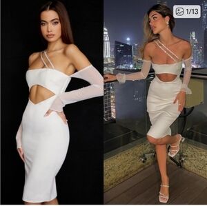 House of CB Ivory Midi Dress with Cut-Out and Sheer Sleeves